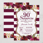 Burgundy Floral Surprise 90th Birthday Party Kaart (Voorkant / Achterkant)