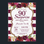 Burgundy Floral Surprise 90th Birthday Party Kaart<br><div class="desc">Burgundy Floral Surprise 90th Birthday Party Invitation for women. Burgundy Red en Gold Birthday Party nodigen uit. Gold Glitter. Florale bloem van de Bourgogne Waterverf. Bourgogne en witte strepen. 13e 15e 16e 18e 21e 30e 40e 50e 60e 70e 90e 100e, Alle leeftijden. Afdrukbaar digitaal. Voor verdere aanpassing, te klikken gelieve...</div>