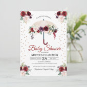Burgundy Floral Umbrella Baby shower Kaart (Staand voorkant)