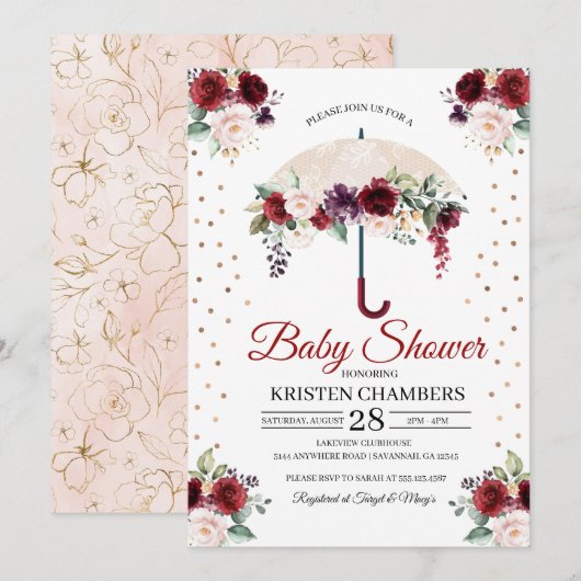 Burgundy Floral Umbrella Baby shower Kaart (Voorkant / Achterkant)
