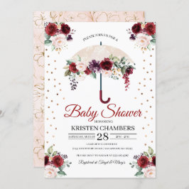 Burgundy Floral Umbrella Baby shower Kaart