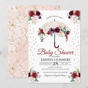 Burgundy Floral Umbrella Baby shower Kaart