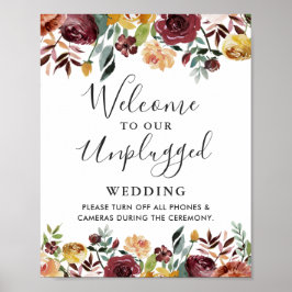 Burgundy Floral Unplugged Wedding Ceremony Sign Poster