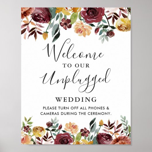 Burgundy Floral Unplugged Wedding Ceremony Sign Poster (Voorkant)