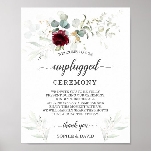 Burgundy Floral Unplugged Wedding Ceremony Sign Poster (Voorkant)