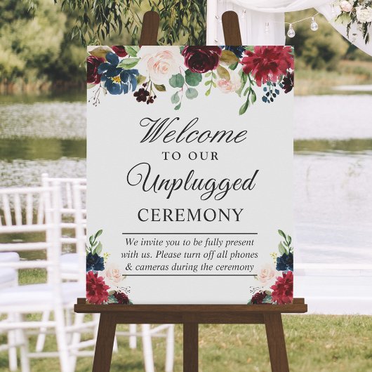 Burgundy Floral Unplugged Wedding Ceremony Sign Poster