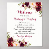 Burgundy Floral Unplugged Wedding Sign Poster (Voorkant)