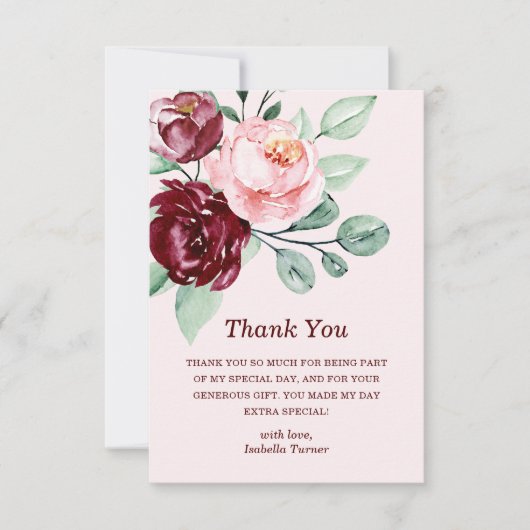 Burgundy Floral | Verjaardag Dank je wel Bedankkaart (Voorkant)