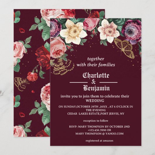 Burgundy Floral  Victoriaans Style Wedding Kaart (Voorkant / Achterkant)