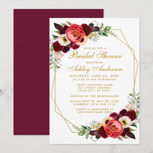 Burgundy Floral Vrijgezellenfeest Boho Invite BG Kaart (Voorkant / Achterkant)