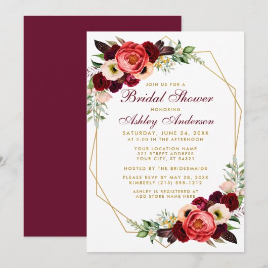 Burgundy Floral Vrijgezellenfeest Boho Invite GB Kaart (Voorkant / Achterkant)