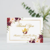 Burgundy Floral Vrijgezellenfeest Tea Party Bedank Kaart (Staand voorkant)