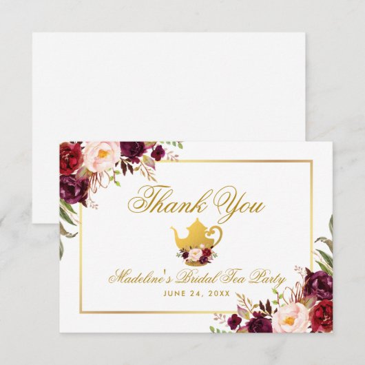 Burgundy Floral Vrijgezellenfeest Tea Party Bedank Kaart (Voorkant / Achterkant)