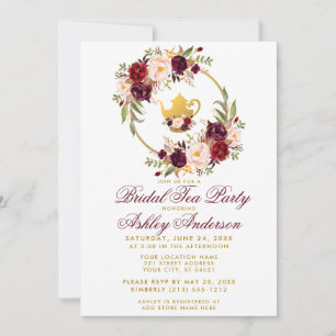 Burgundy Floral Vrijgezellenfeest Tea Party Invite Kaart
