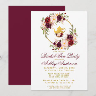 Burgundy Floral Vrijgezellenfeest Tea Party Invite Kaart