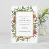 Burgundy Floral w/Gold Frame Wedding Invitation  Kaart (Staand voorkant)