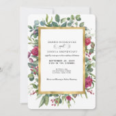 Burgundy Floral w/Gold Frame Wedding Invitation  Kaart (Voorkant)
