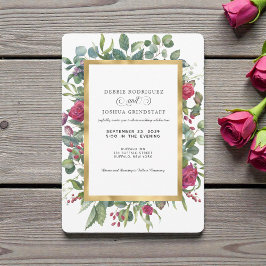 Burgundy Floral w/Gold Frame Wedding Invitation  Kaart