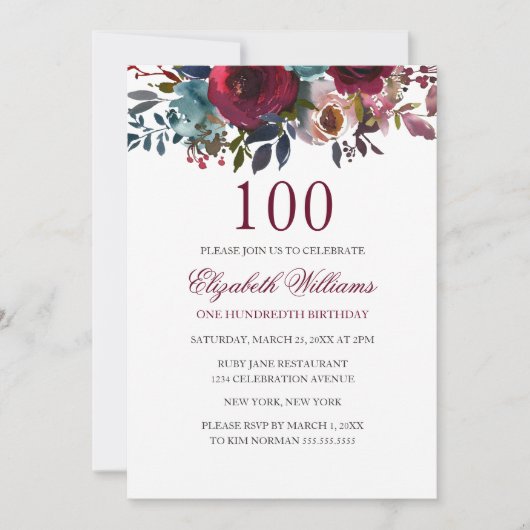 Burgundy Floral Waterverf 100th Birthday Invite Kaart (Voorkant)