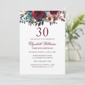 Burgundy Floral Waterverf 30th Birthday Invite Kaart (Staand voorkant)