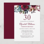 Burgundy Floral Waterverf 30th Birthday Invite Kaart (Voorkant / Achterkant)
