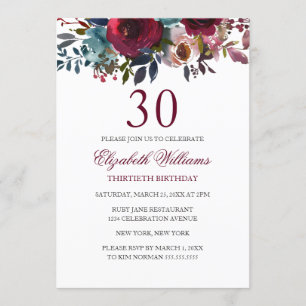 Burgundy Floral Waterverf 30th Birthday Invite Kaart