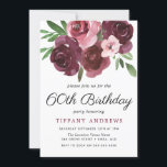 Burgundy Floral Waterverf 60th Birthday Invite Kaart<br><div class="desc">Burgundy Floral Waterverf 60th Birthday Invite Bekijk passend collectie in Niche en Nest Store</div>