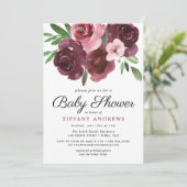 Burgundy Floral Waterverf Baby shower Invite Kaart (Staand voorkant)