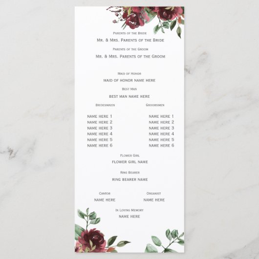 Burgundy Floral Waterverf Bouquet Wedding Programm Programmakaart (Achterkant)