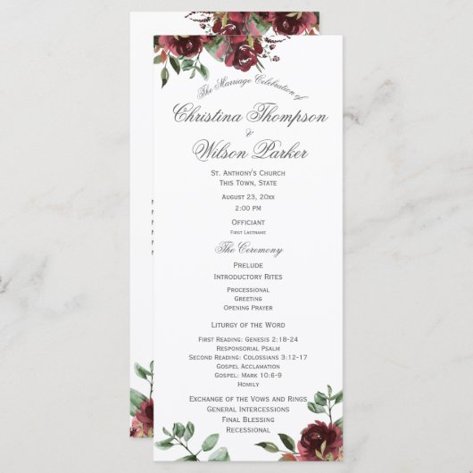 Burgundy Floral Waterverf Bouquet Wedding Programm Programmakaart (Voorkant / Achterkant)