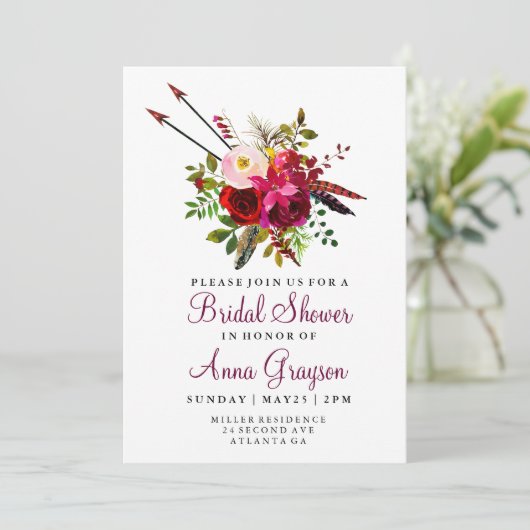 Burgundy Floral Waterverf Bridaldouche Kaart (Staand voorkant)