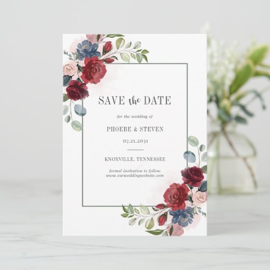 Burgundy Floral Waterverf Dusty Blue Rustic Save The Date (Staand voorkant)