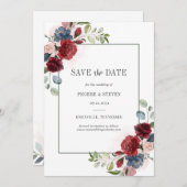 Burgundy Floral Waterverf Dusty Blue Rustic Save The Date (Voorkant / Achterkant)