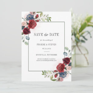 Burgundy Floral Waterverf Dusty Blue Rustic Save The Date