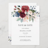 Burgundy Floral Waterverf Dusty Blue Rustic Save The Date (Voorkant / Achterkant)