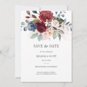 Burgundy Floral Waterverf Dusty Blue Rustic Save The Date