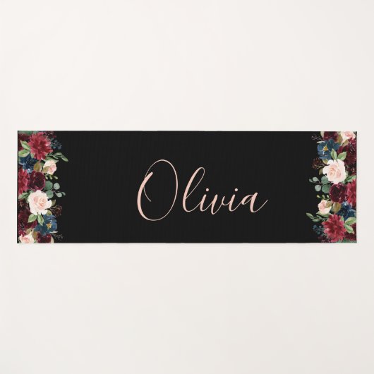Burgundy Floral Waterverf Elegant Name Modern Yogamat (Voorkant (horizontaal))
