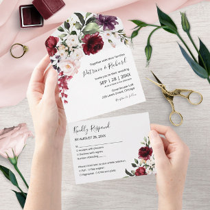 Burgundy Floral Waterverf Elegant Wedding All In One Uitnodiging