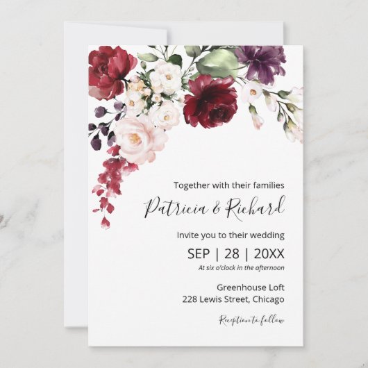 Burgundy Floral Waterverf Elegant Wedding Kaart (Voorkant)