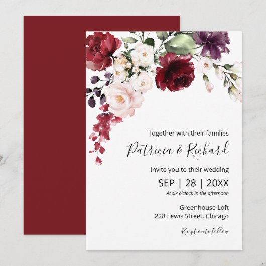 Burgundy Floral Waterverf Elegant Wedding Kaart (Voorkant / Achterkant)