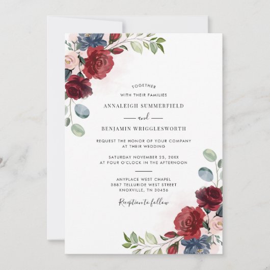 Burgundy Floral Waterverf Elegant Wedding Kaart (Voorkant)