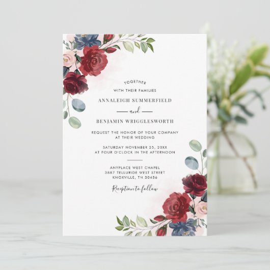 Burgundy Floral Waterverf Elegant Wedding Kaart (Staand voorkant)