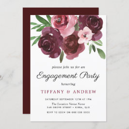 Burgundy Floral Waterverf Engagement Party nodigt Kaart
