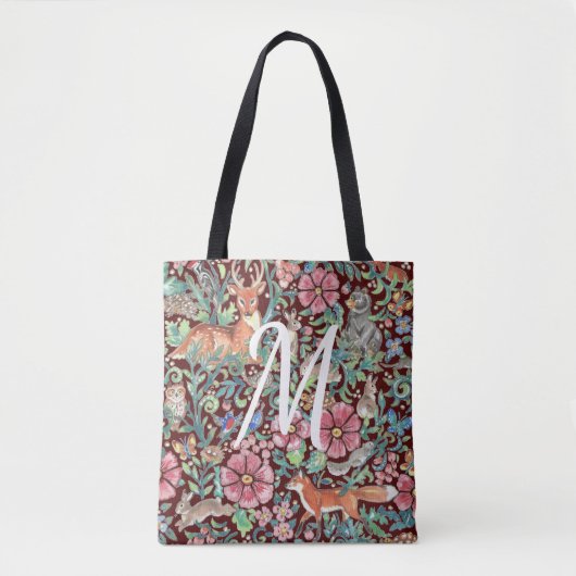 Burgundy Floral Waterverf Forest Animal Monogram Tote Bag (Voorkant)