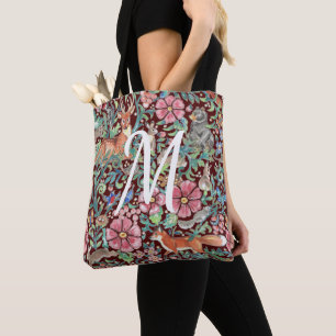 Burgundy Floral Waterverf Forest Animal Monogram Tote Bag