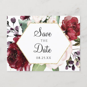 Burgundy Floral Waterverf Hexagon Save the Date Aankondigingskaart