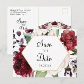 Burgundy Floral Waterverf Hexagon Save the Date Aankondigingskaart (Voorkant / Achterkant)