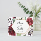 Burgundy Floral Waterverf Hexagon Save the Date Aankondigingskaart (Staand voorkant)
