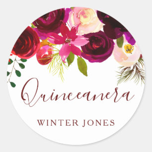 Burgundy Floral Waterverf Quinceanera Party Favor Ronde Sticker