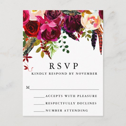 Burgundy Floral Waterverf RSVP Briefkaart (Voorkant)